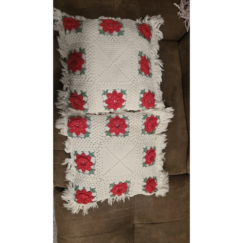 2 Vintage Hand Crocheted Ivory Red Rose Pillow CASE 12x12 Floral Fringe Handmade